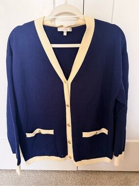 Wayf Navy and Cream V-Neck Button Cardigan Sweater-NEW
